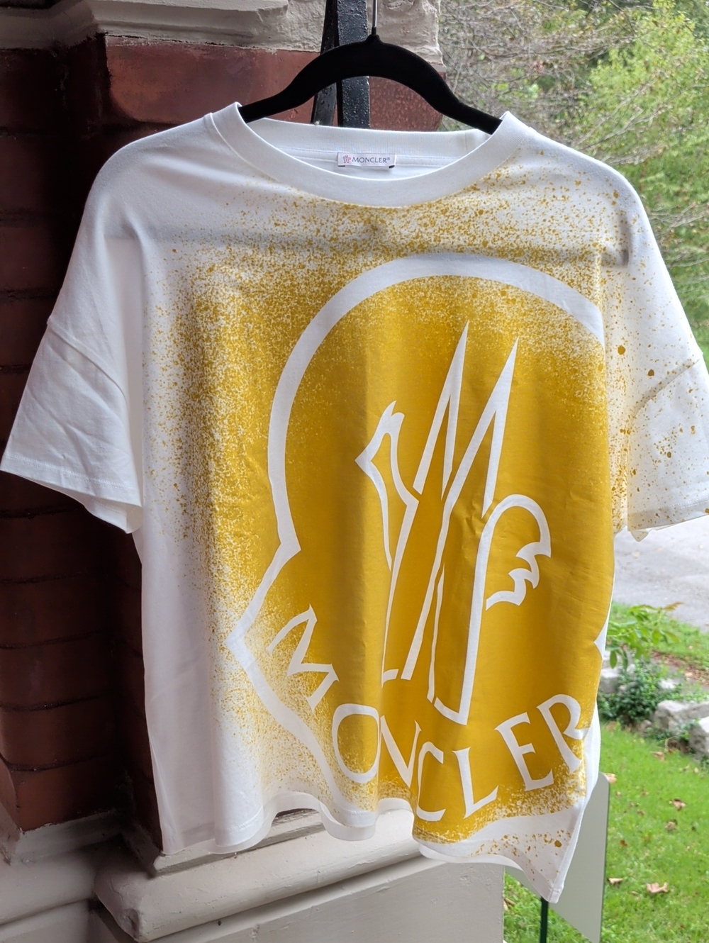Moncler Oversized Cropped White Tee with Yellow Graphic Logo Splash